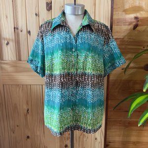 Allison Daley Petite Womens Green Multicolor Button Down Shirt 16P
